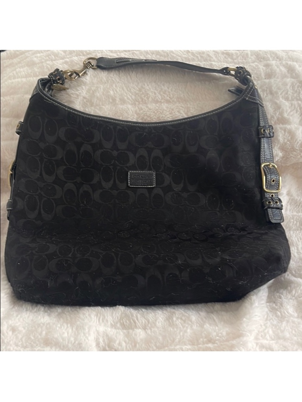 Coach Black Signature Canvas and Leather Hobo Shoulder Bag withGold Hardware